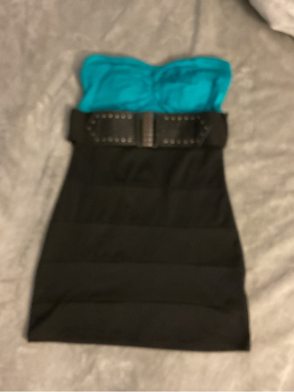 Papaya Teal and Black Strapless Belted Bodycon Dress